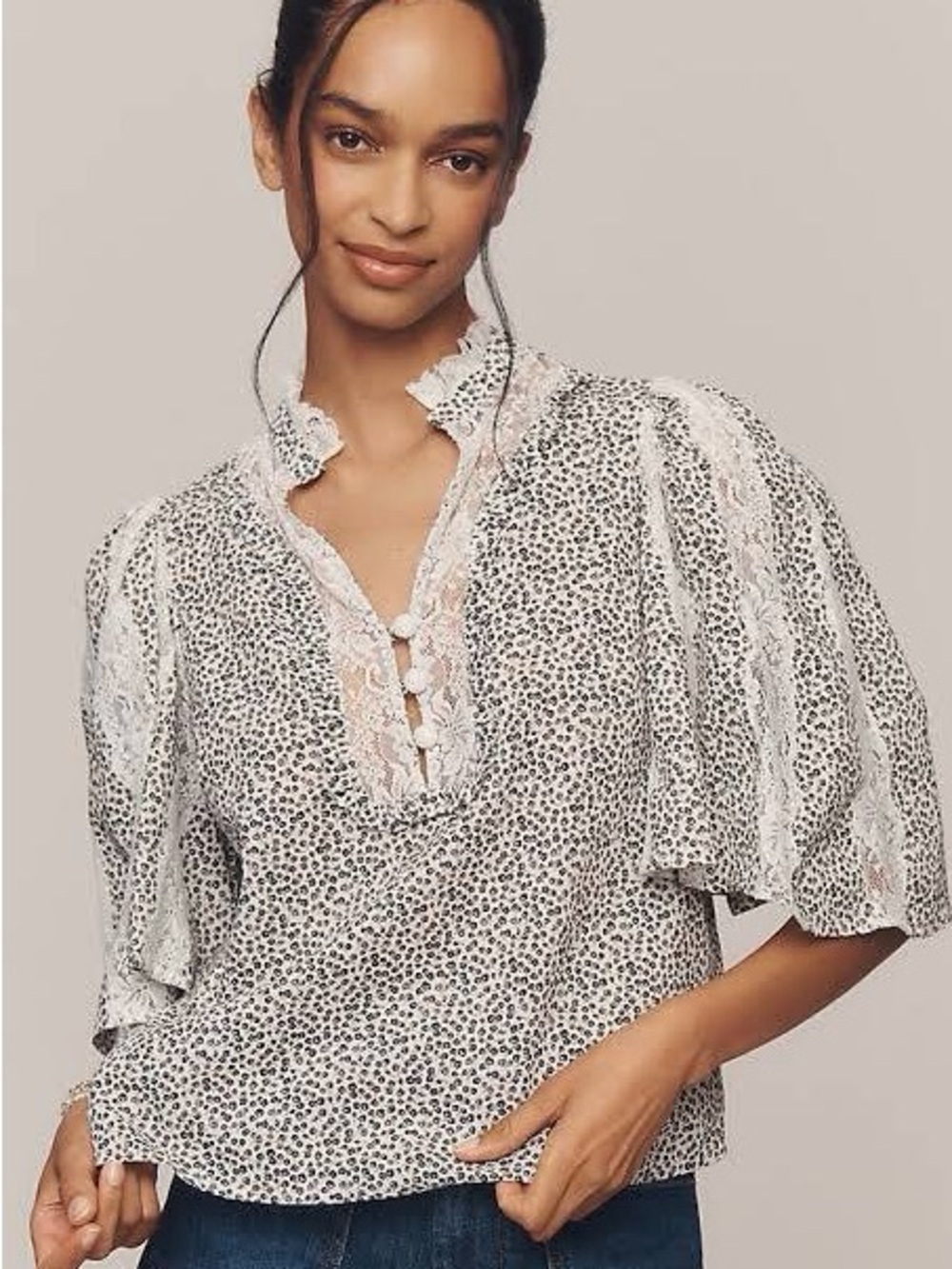 Anthropologie Ivory Lace-Trim Blouse with Black Spot Print
